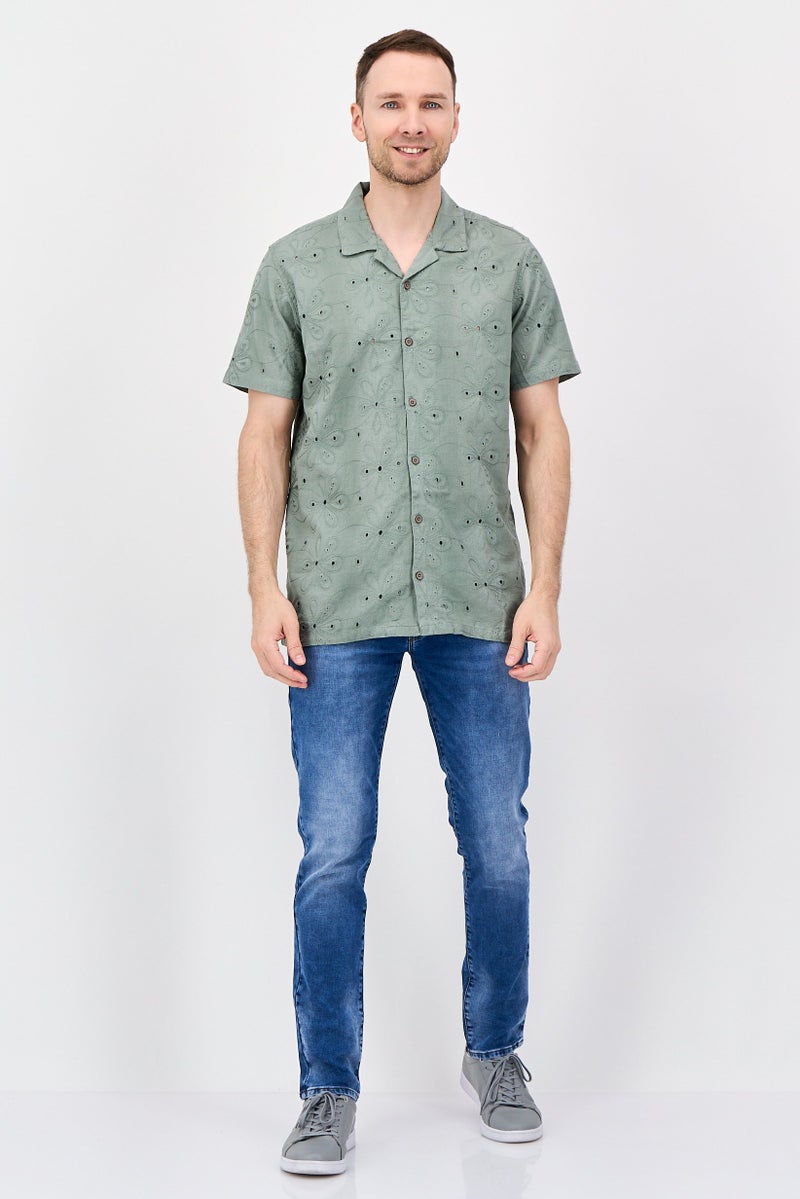 Threadbare Men Regular Fit Embroidered Short Sleeve Casual Shirt, Sage Green - Image 4
